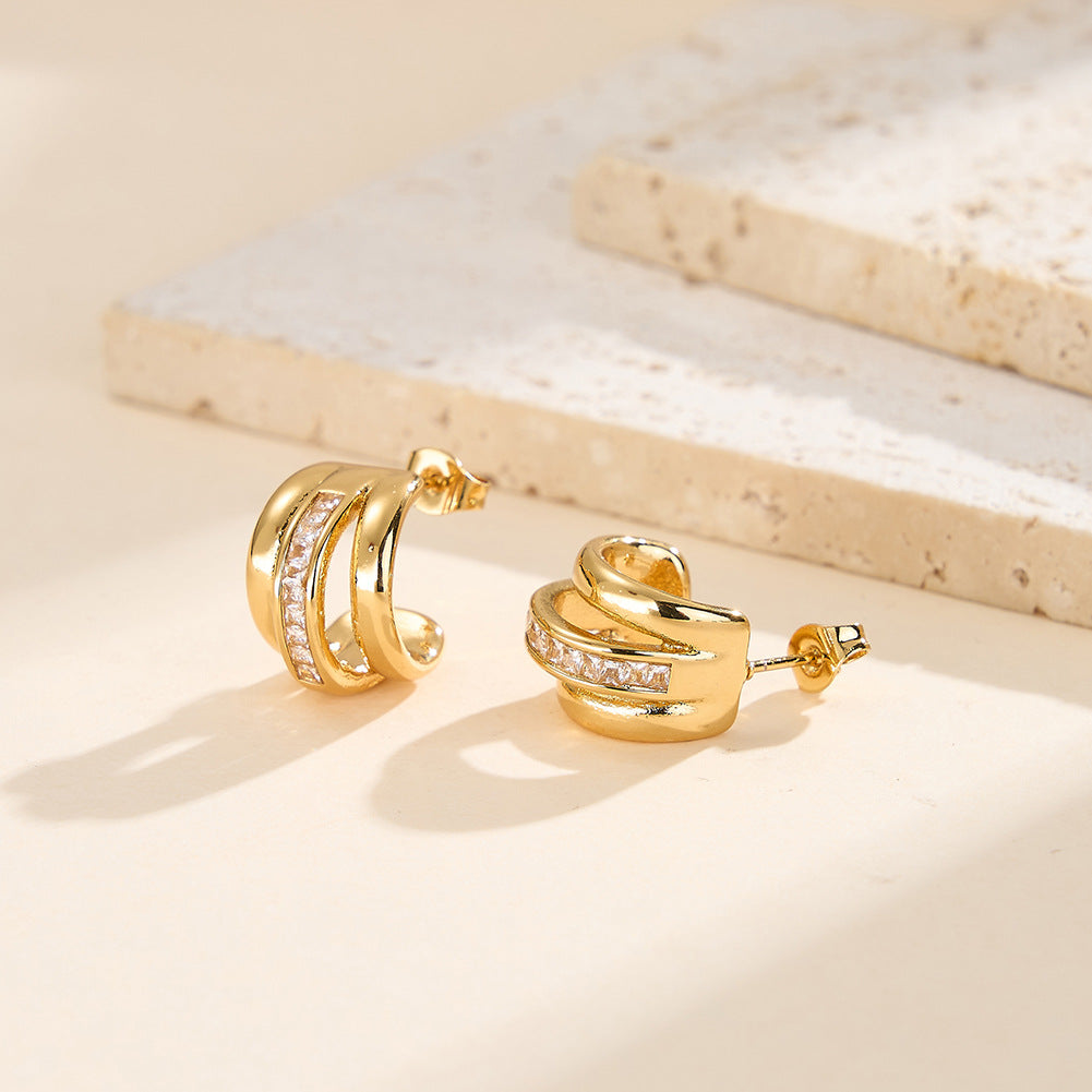Gold Plated Stainless Steel Triple Band C Hoop Earrings With Inlaid CZ Strip