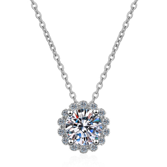 925 Sterling Silver Round Moissanite Flower Halo Necklace