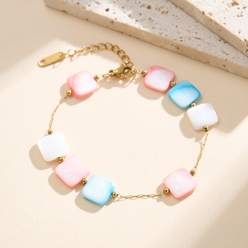 Gold Plated Stainless Steel Bracelet, Multicolor Square Shell Bead Station Chain, Adjustable Extension Clasp