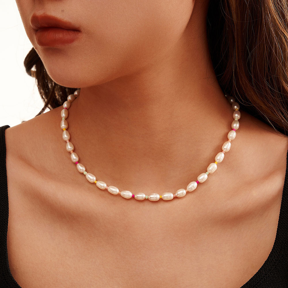 Stainless Steel Colorful Beaded Baroque Pearl Necklace, White Rice Pearl Mixed Multicolour Tiny Seed Bead Chain