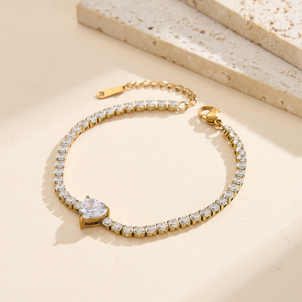 Gold Plated Stainless Steel Heart CZ Tennis Bracelet, Paved Cubic Zirconia Heart Center Stone, Adjustable Extension