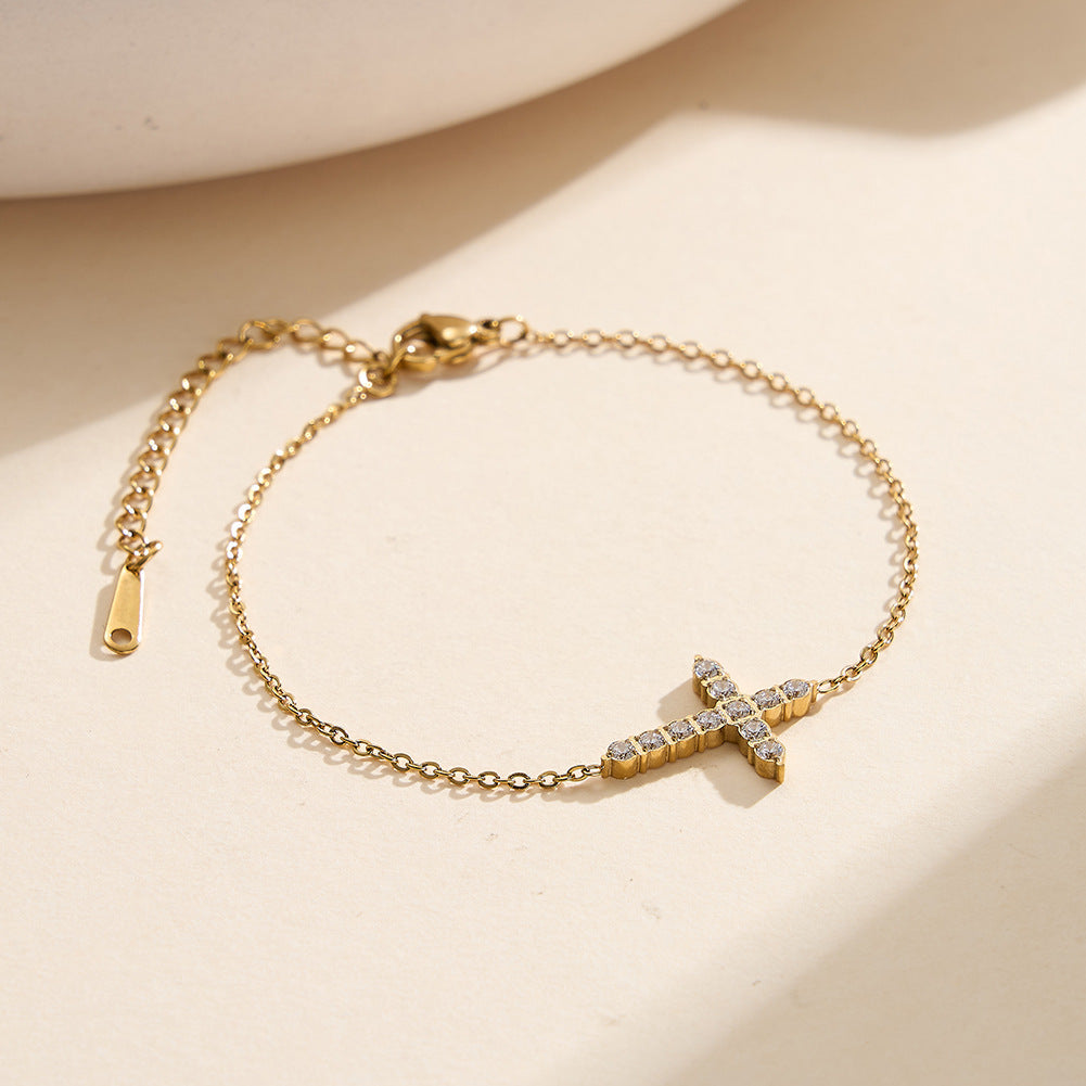Gold Plated Stainless Steel Dainty Cross Bracelet, Cross Charm Inlaid with Clear Round CZ Stones, Thin Cable Chain