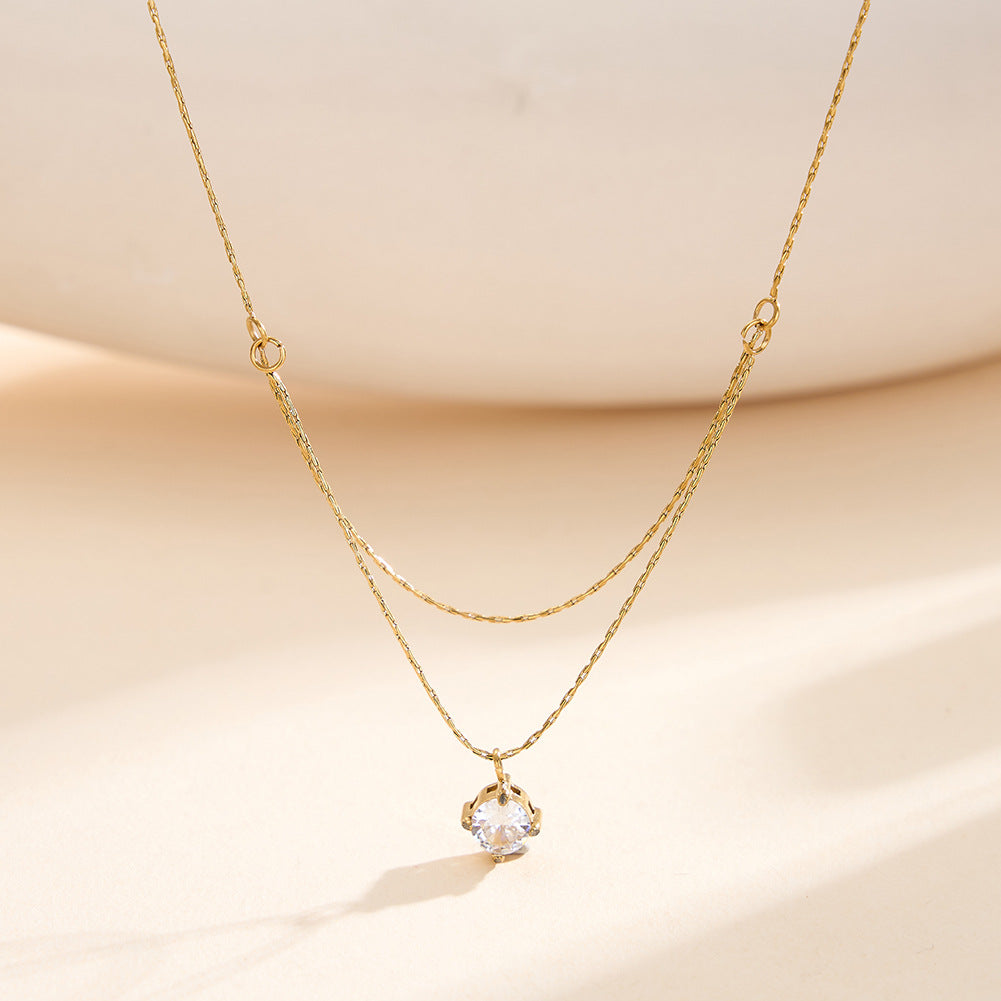 Gold Stainless Steel Double Layer Paperclip Chain Necklace, Solitaire Round CZ Four Prong Drop Pendant