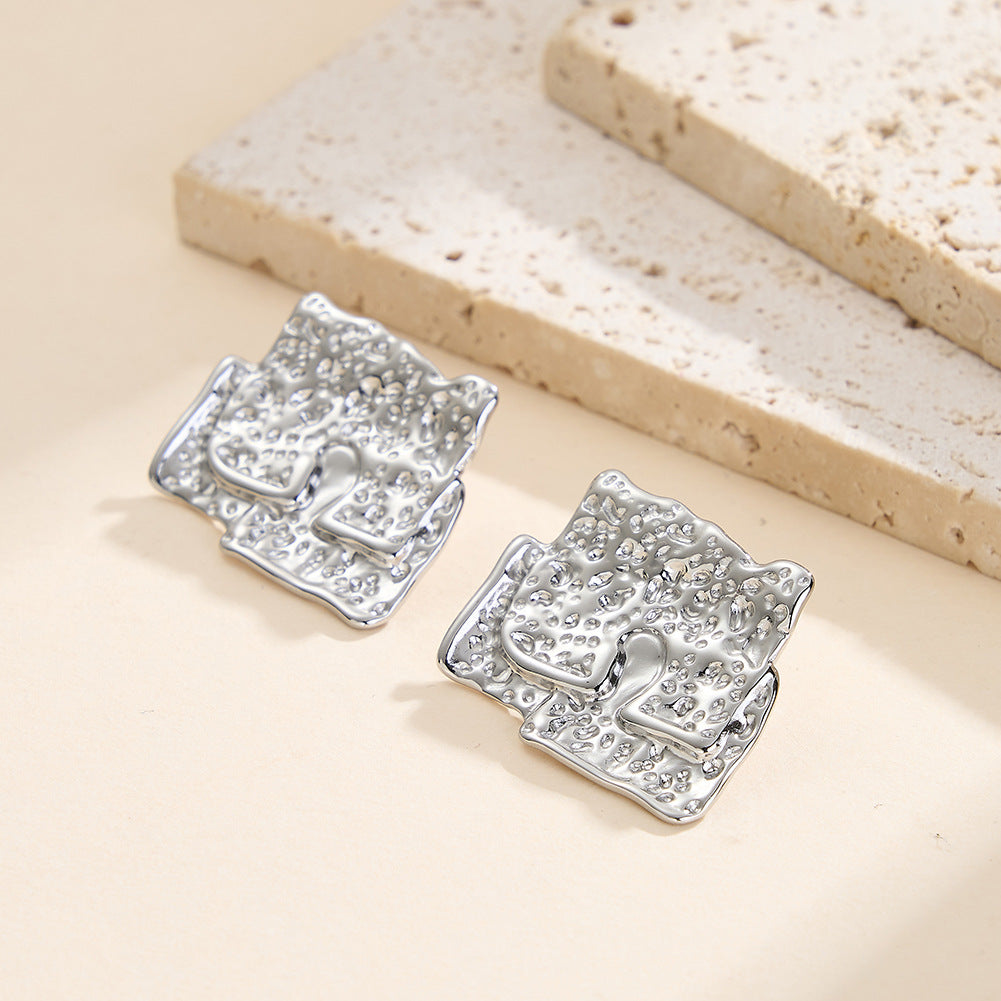 Silver Stainless Steel Hammered Textured Square Statement Stud Earrings