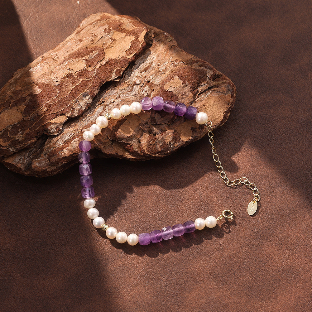 S925 Gold Plated Beaded Bracelet, Round Lustrous Freshwater Pearls and Faceted Cube Amethyst Beads, Dainty Beaded Design, Adjustable Extension Chain