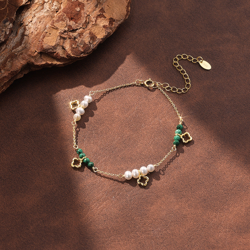 MPB24S925 Gold Plated Clover Pearl Bracelet, Dainty Cable Chain with Lustrous Freshwater Pearls & Green Malachite Beads, Hollow Four Leaf Clover Charms