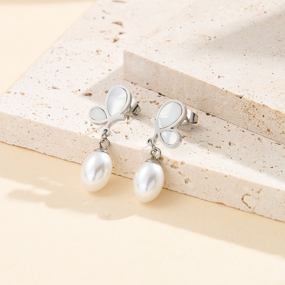 Gold Plated Stainless Steel Mother of Pearl Butterfly Faux Pearl Drop Stud Earrings