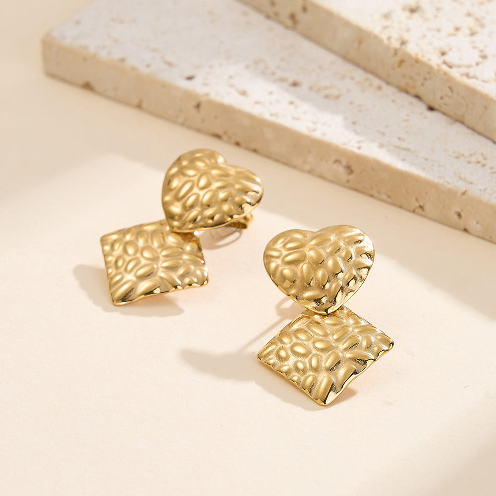 Gold Plated Stainless Steel Hammered Heart & Square Drop Stud Earrings