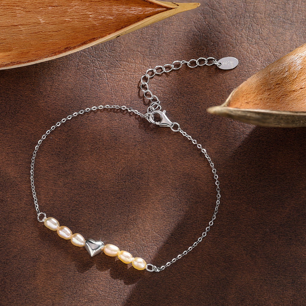 S925 Sterling Silver Dainty Chain Bracelet, Soft Peach Baroque Rice Freshwater Pearls with 3D Solid Heart Charm, Adjustable Extension Chain