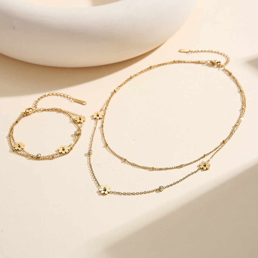 Gold Plated Stainless Steel Double Layer Daisy Bracelet, 3 Daisy Charms with 2 Round CZ Stones, Stackable Two Strand Chain