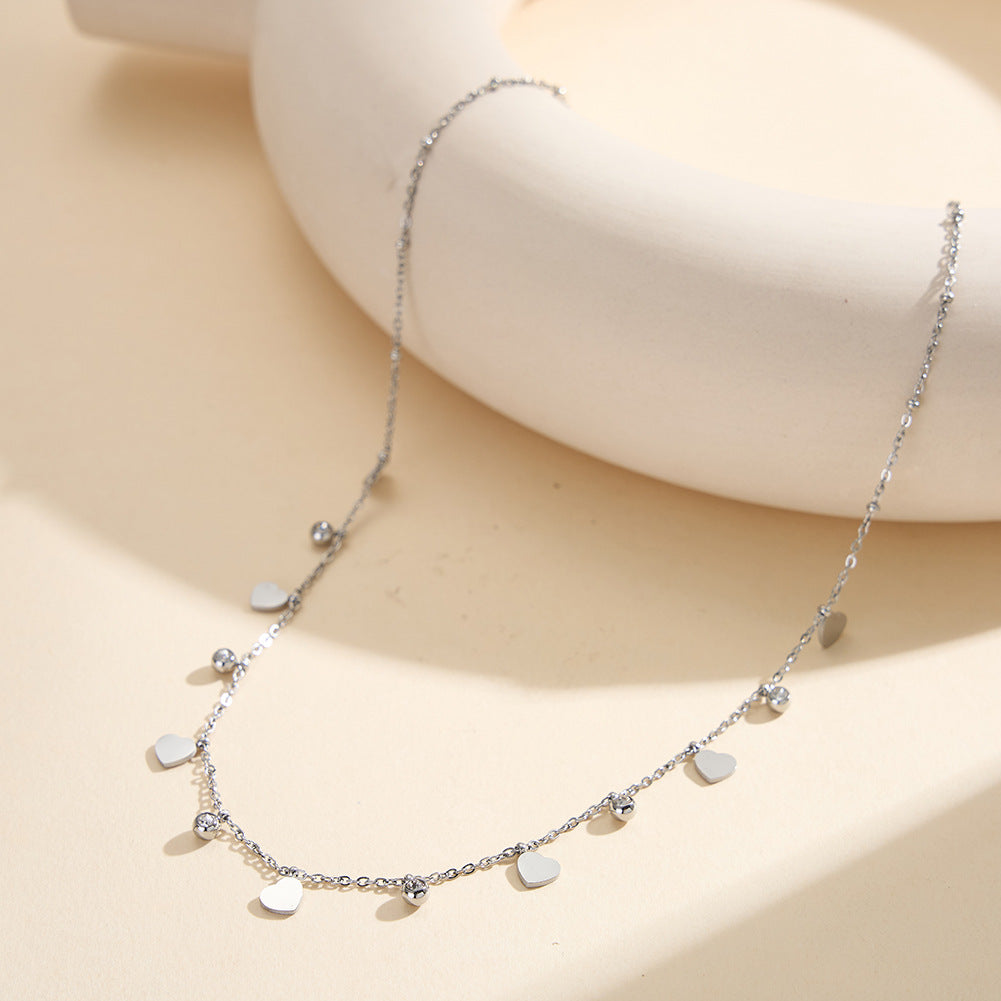 Gold Stainless Steel Heart Station Necklace, Dainty Solid Heart Charms with Tiny Bezel CZ Drops, Delicate Rolo Chain