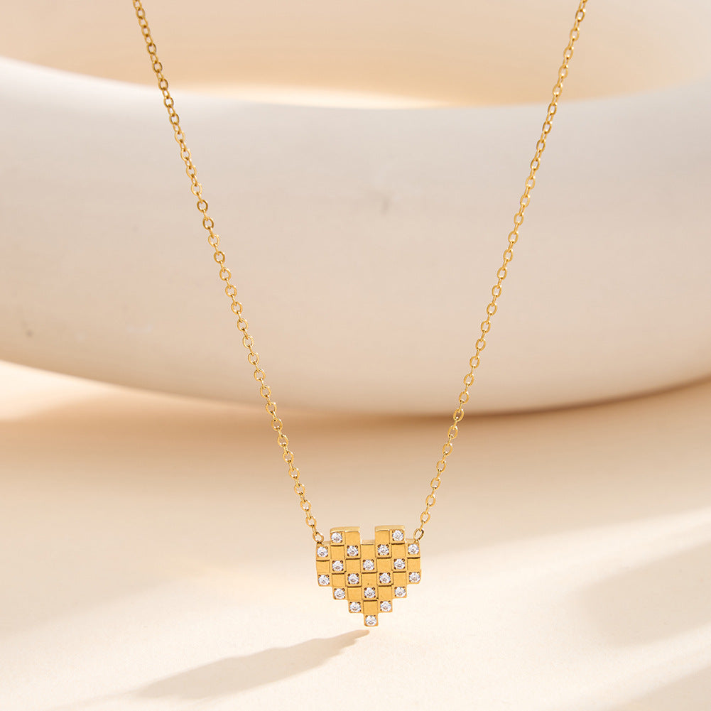 Gold Stainless Steel Pixel Heart Necklace, Mosaic Square Heart Pendant Inlaid with Round Clear CZ Stones, Thin Rolo Chain