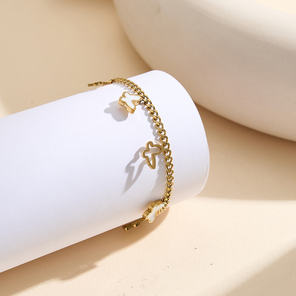 Gold Plated Stainless Steel Curb Chain Butterfly Bracelet, Hollow Outline Butterflies & Mother of Pearl Inlaid Butterfly Charms