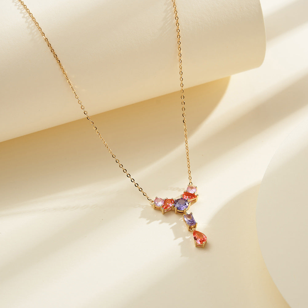 Gold Stainless Steel Multi-Color Gemstone Y Necklace, Mixed Pink Purple Orange CZ Cluster with Rectangular & Teardrop Stone Drop