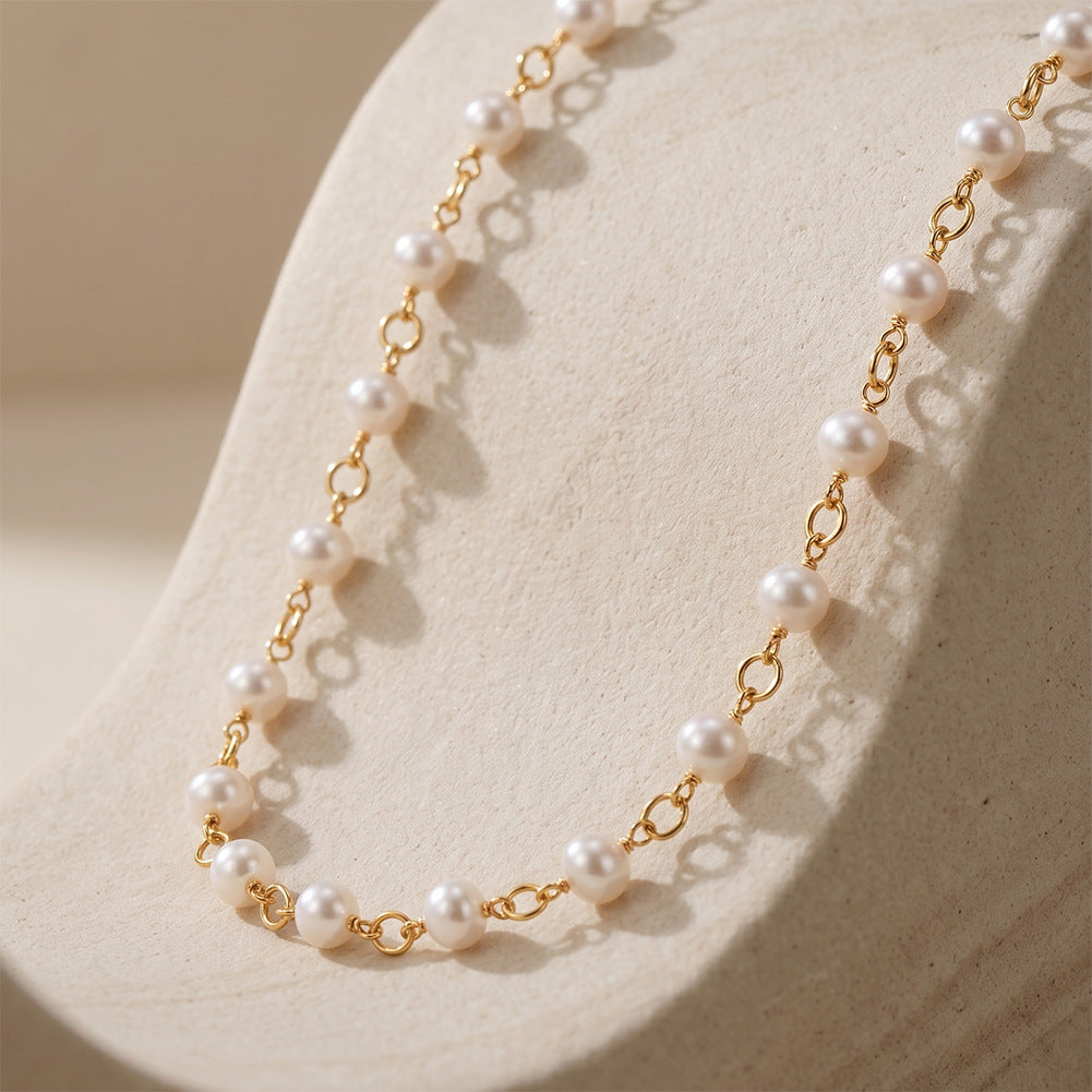 Full Strand Round Lustrous Freshwater Pearl Station Necklace, Uniform White Cultured Pearls Gold Plated S925 Link Chain