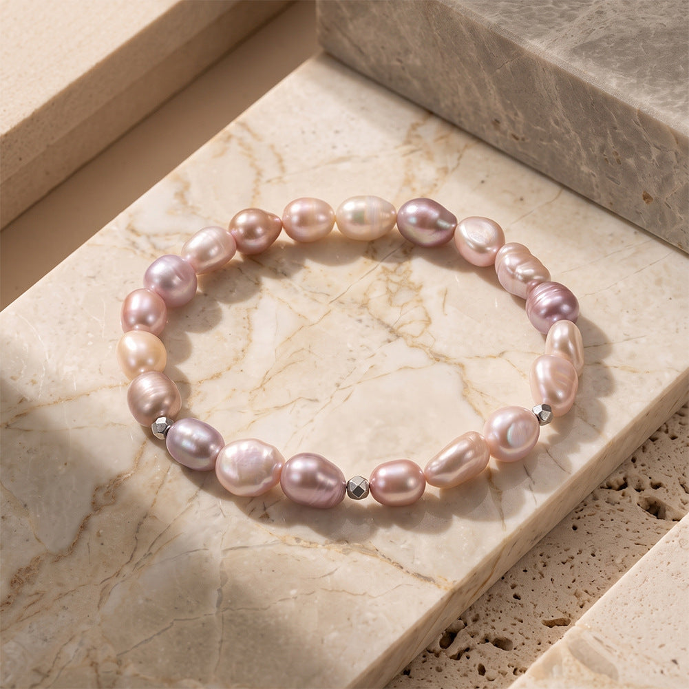 Stretch Beaded Bracelet, Pastel Pink Lavender Baroque Teardrop Freshwater Pearls with Faceted Silver Metal Accent Beads, Soft Iridescent Pearl Shine