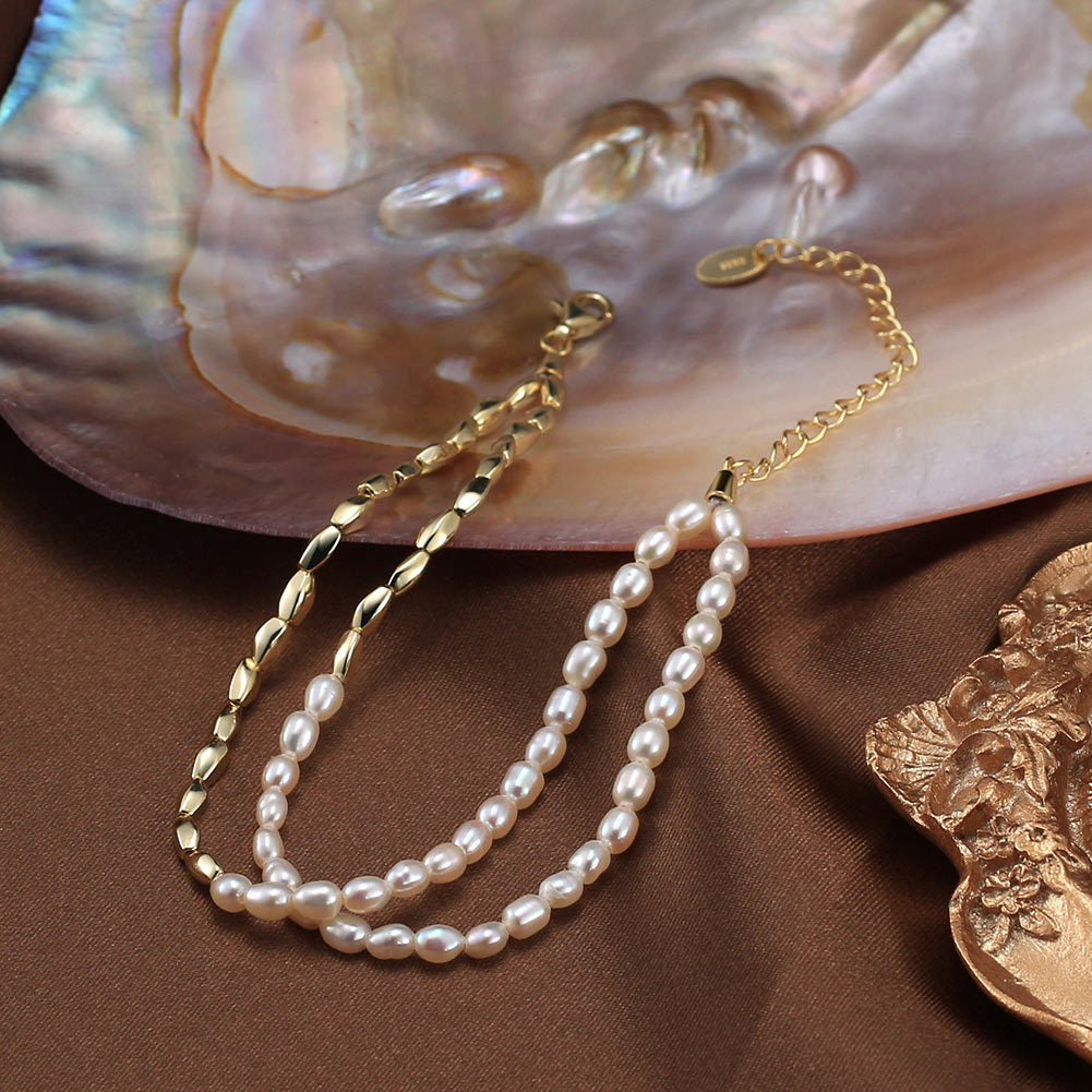 14K Gold Plated Double Strand Bracelet, Tiny Rice Freshwater Pearls with Polished Gold Oval Links, S925 Tag Adjustable Extension Chain