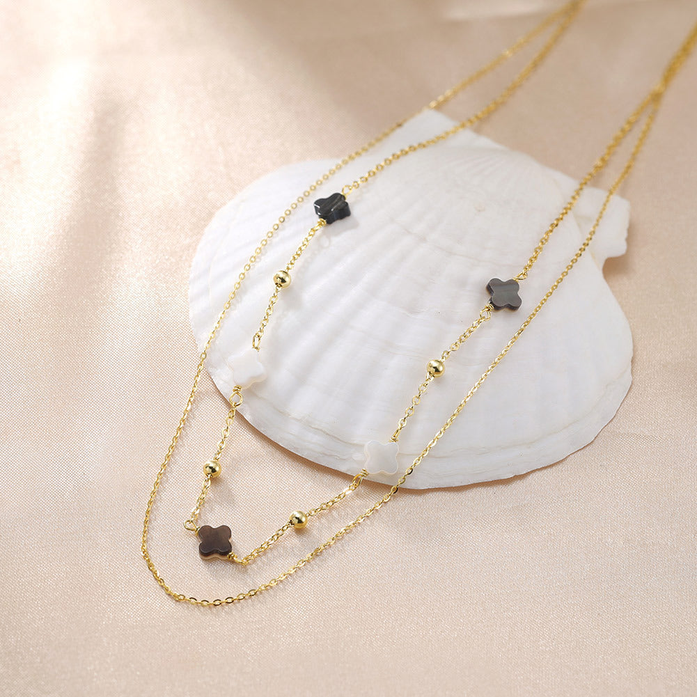 Silver Double Layer Clover Beaded Necklace, Two-Tone Black & Silver Four Leaf Clover Charms with Round Metal Ball Spacers