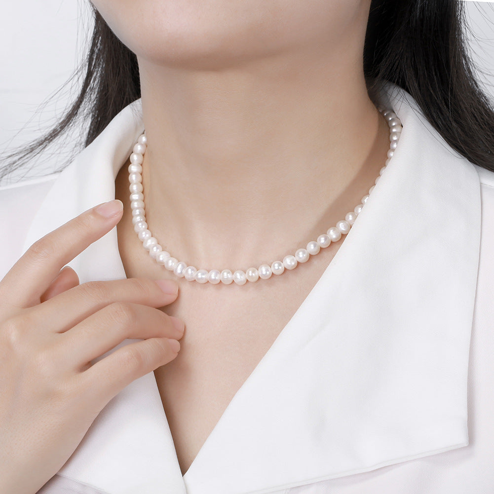 Gold Round Freshwater Pearl Necklace, Smooth Near Round Lustrous Pearl Full Beaded Choker with Extension Chain