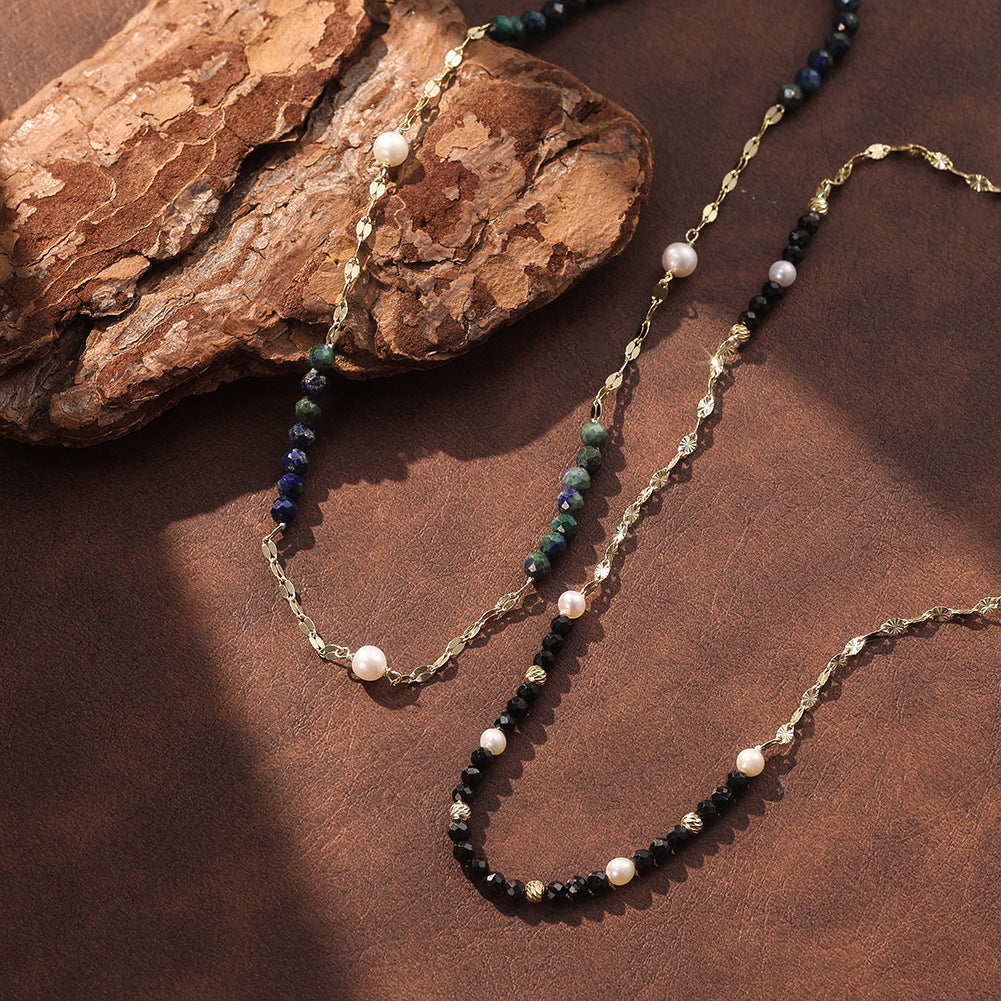 Gold Sunburst Chain Pearl Necklace, White Cultured Pearls & Black Faceted Onyx Beaded Necklace