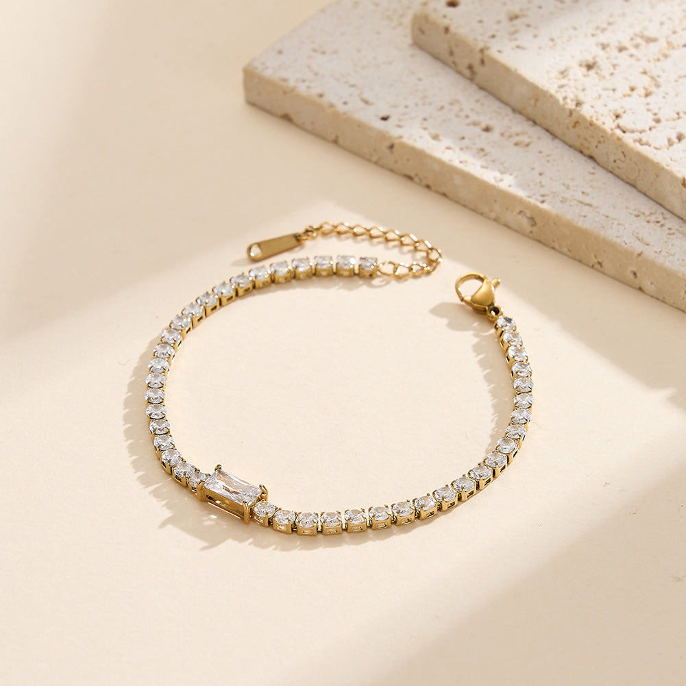 Gold Plated Stainless Steel Rectangle CZ Tennis Bracelet, Baguette Cut Cubic Zirconia Center Stone, Adjustable Extension