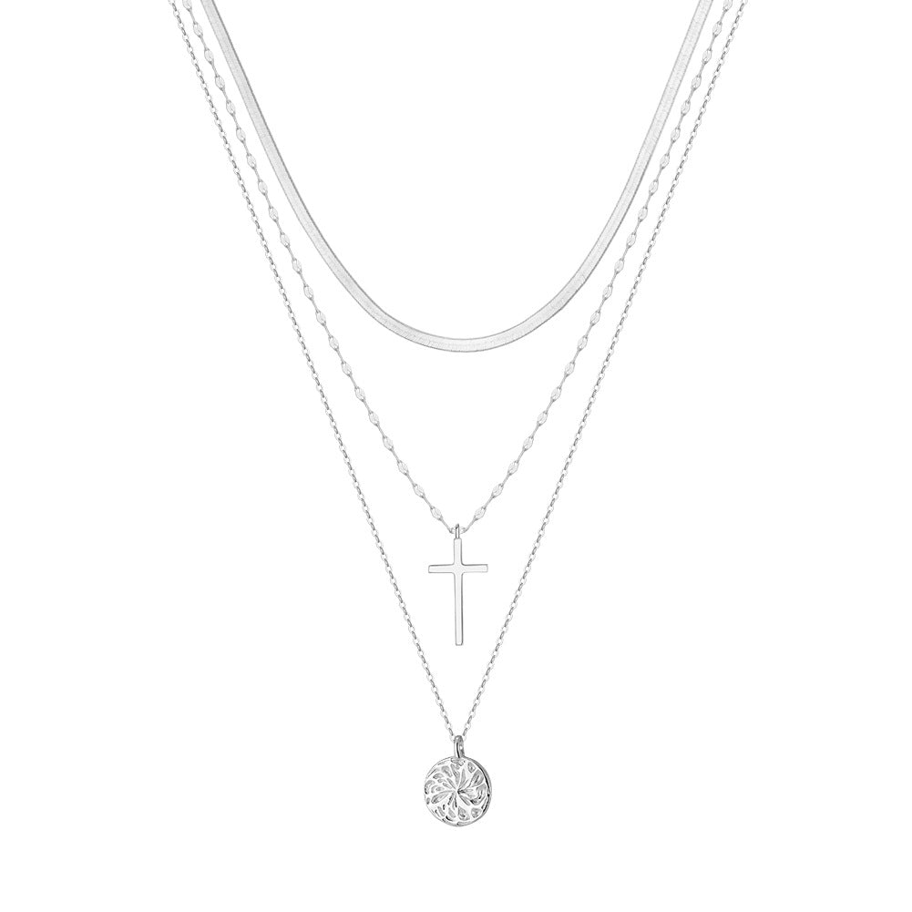 Gold Stainless Steel 3 Layer Stacked Necklace, Flat Snake Chain, Simple Cross Pendant & Engraved Round Coin Charm