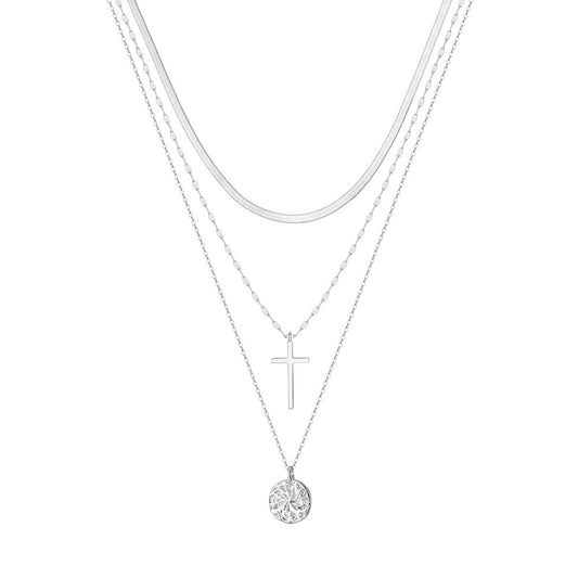 Gold Stainless Steel 3 Layer Stacked Necklace, Flat Snake Chain, Simple Cross Pendant & Engraved Round Coin Charm