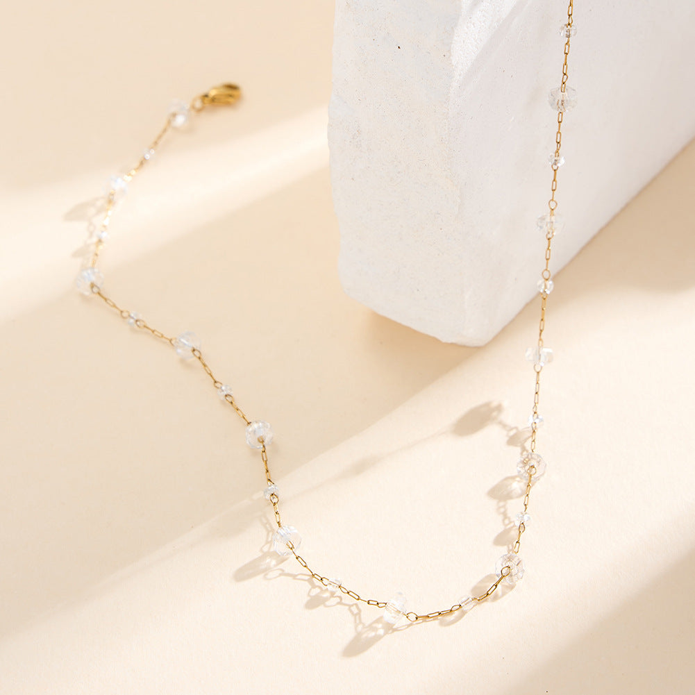 Gold Stainless Steel Clear Crystal Beaded Necklace, Irregular Faceted Glass Crystal Station Chain With Adjustable Extender