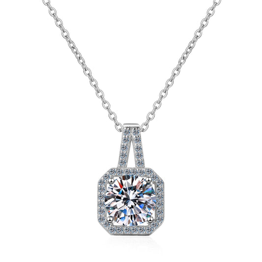 925 Sterling Silver Square Cushion Moissanite Halo Pendant Necklace