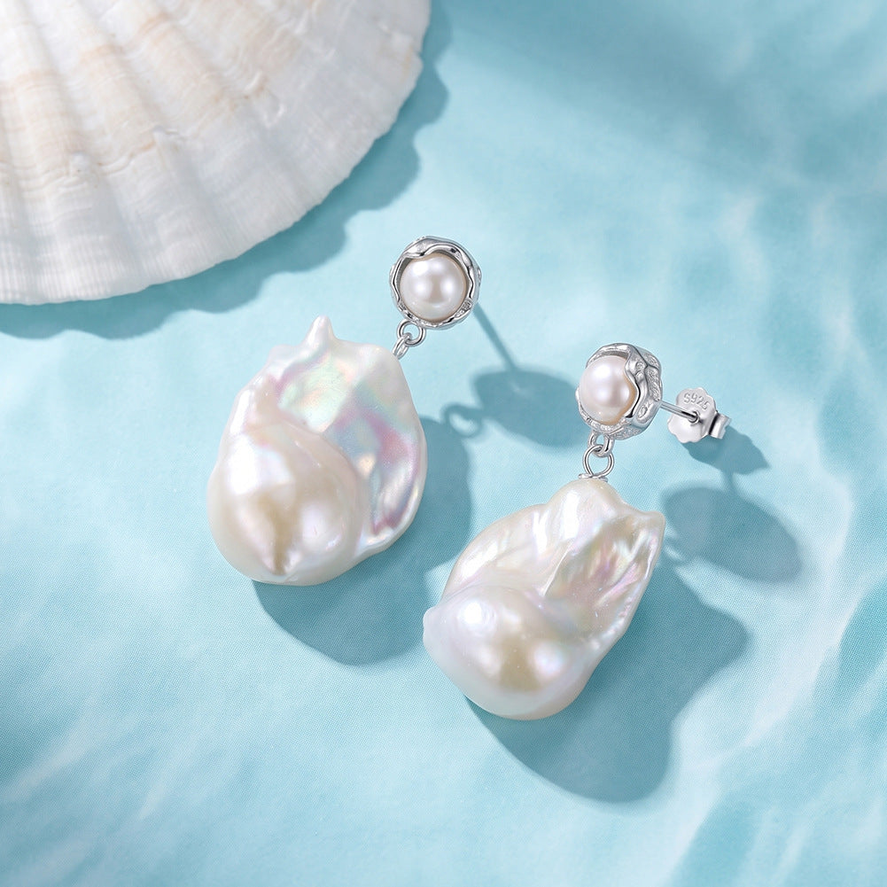 S925 Silver Stud Earrings, Small Round Freshwater Pearl Top with Large Flame Baroque Pearl Drop, Unique Irregular Baroque Pearl Dangle Earrings