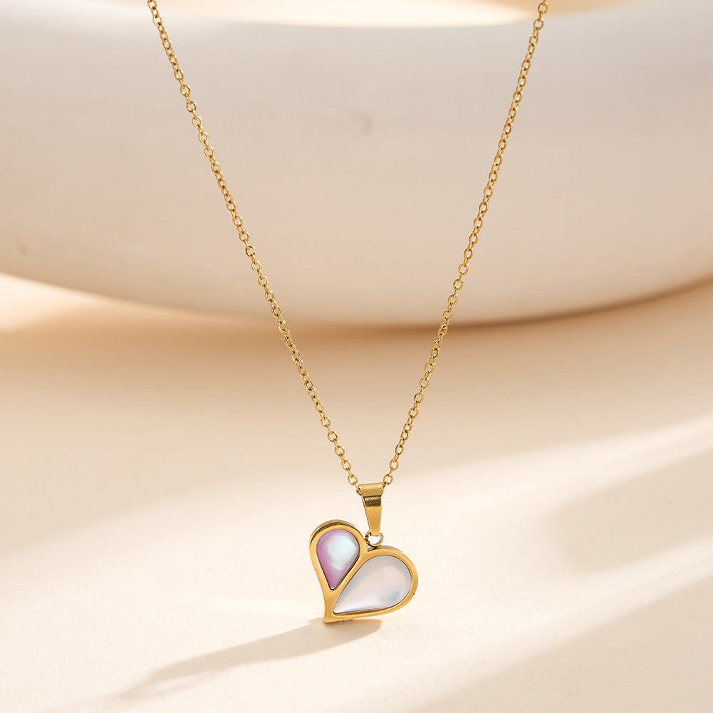 Gold Stainless Steel Rolo Chain Necklace, Split Two-Tone Pink & White Mother of Pearl Inlaid Heart Pendant