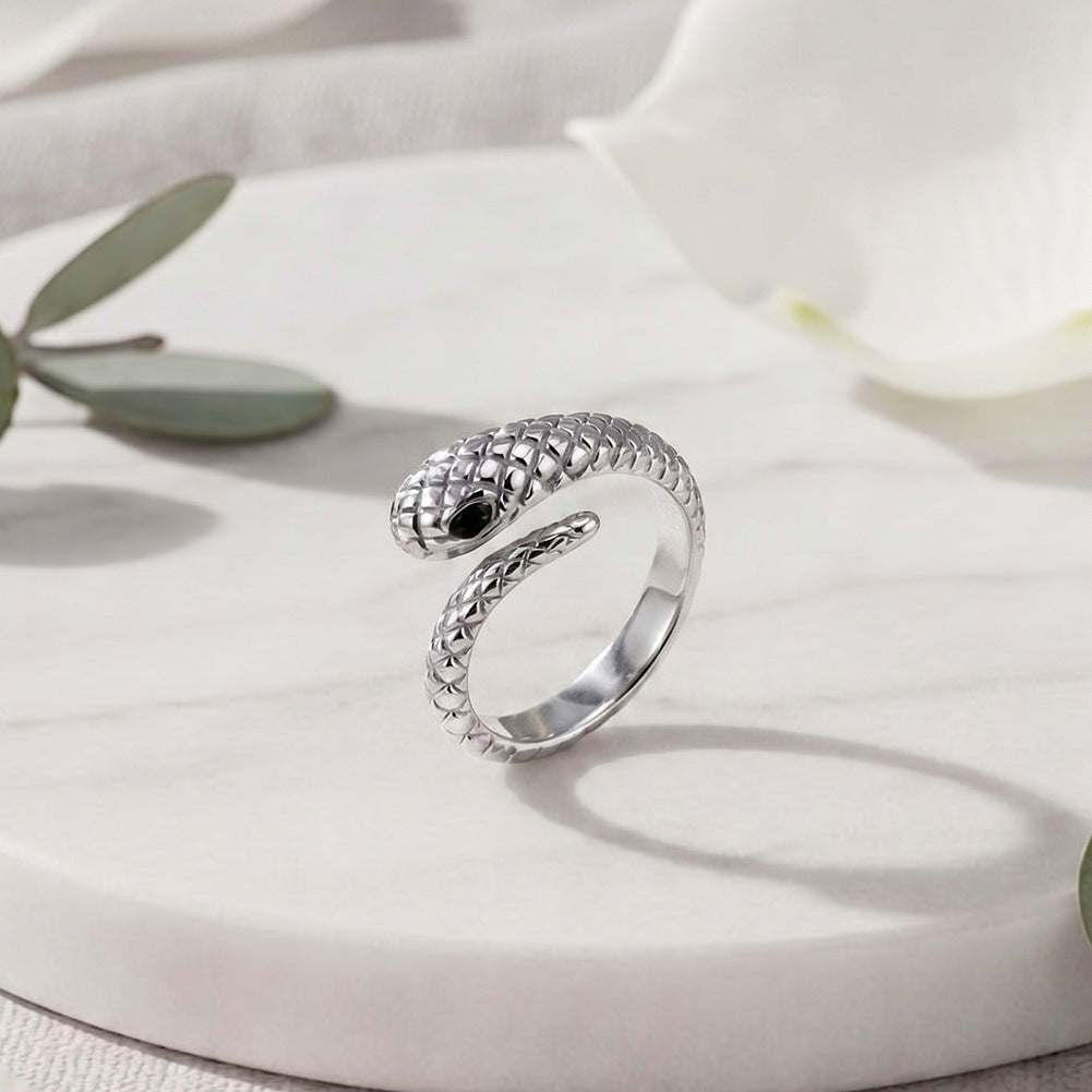 Gold Plated Stainless Steel Open Snake Ring, Scale Pattern with Black CZ Eyes