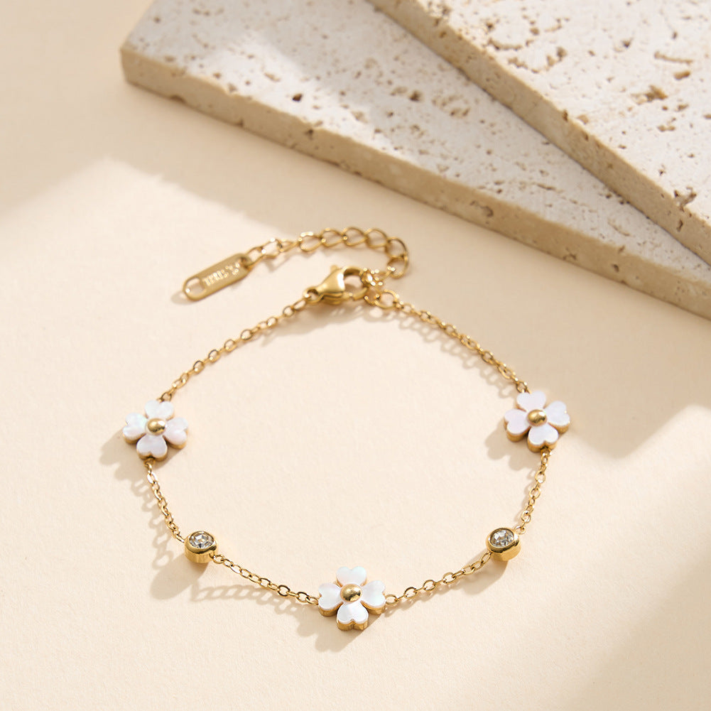 Gold Plated Stainless Steel Floral Bracelet, White Shell Flower Charms with CZ Accent Stones, Dainty Thin Chain, Adjustable