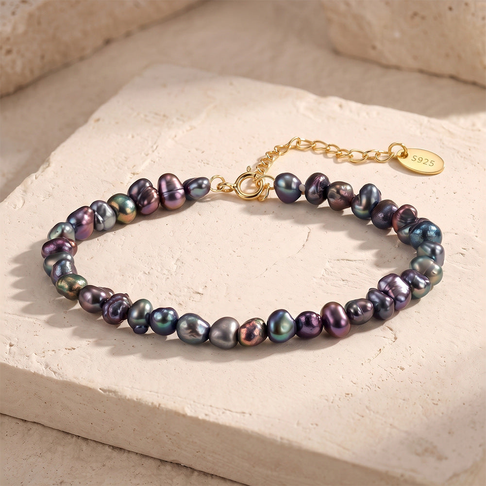 S925 Gold Plated Beaded Bracelet, Dark Peacock Iridescent Baroque Freshwater Pearls, Natural Color Variation, Adjustable Extension Chain