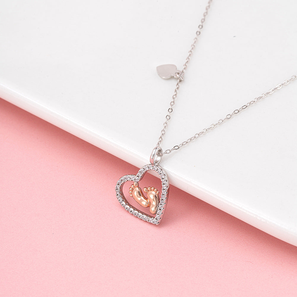 Two Tone Stainless Steel Open Heart Necklace with Baby Footprint Charm, Paved CZ Hollow Heart Pendant