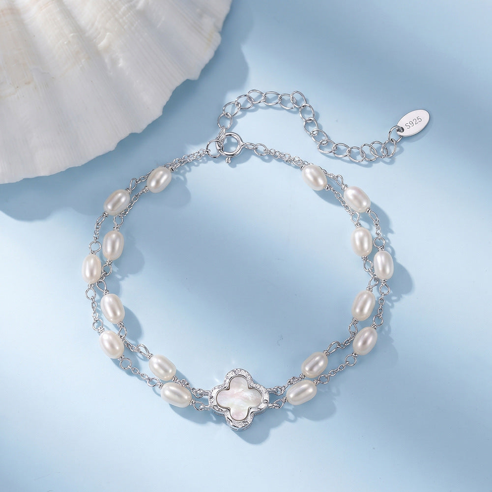 Pulsera de perlas de plata de ley 925, joyería de moda, regalo para mujeres y niñas.