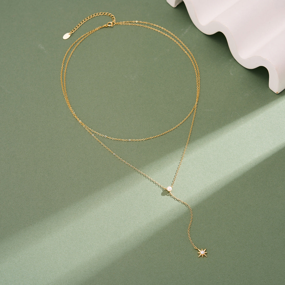 Silver Stainless Steel Starburst Pearl Y Necklace, Single White Pearl North Star Charm Lariat Chain