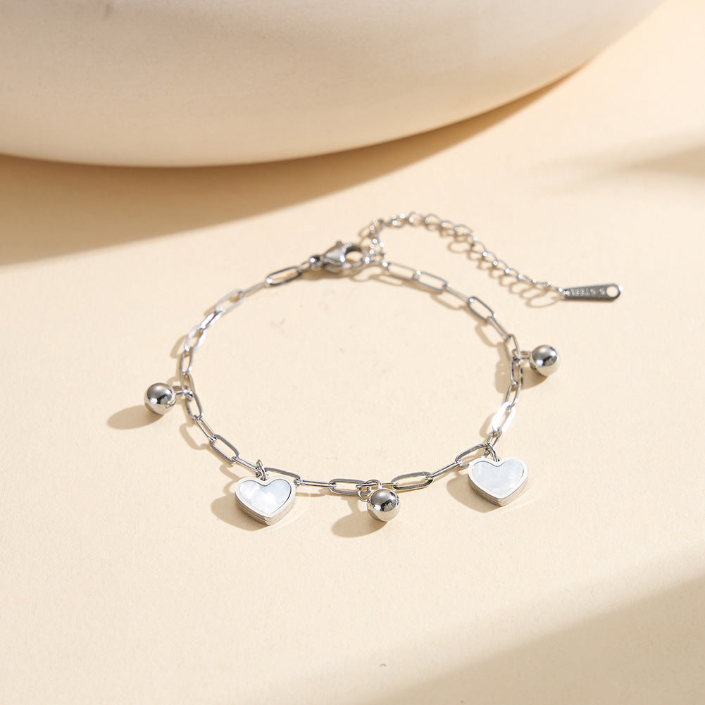 Gold Plated Stainless Steel Paperclip Chain Heart Bracelet, 2 White Mother of Pearl Heart Charms & Shiny Round Metal Beads