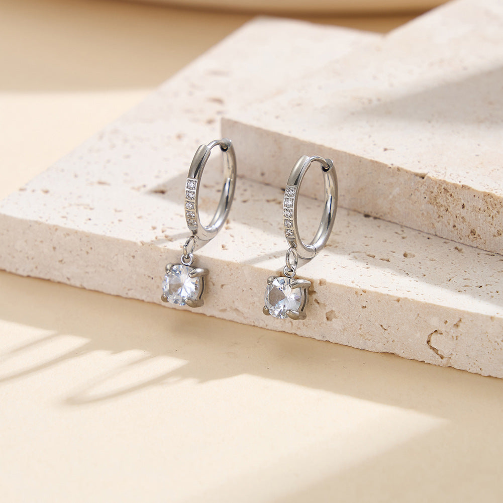 Gold Plated Stainless Steel CZ Paved Huggie Hoop Earrings with Round CZ Charm Drop