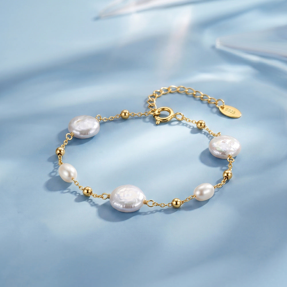 S925 Sterling Silver Bracelet, Large Coin Freshwater Pearls & Oval Rice Pearls with Silver Ball Spacers, Delicate Cable Chain, Adjustable Extension Chain