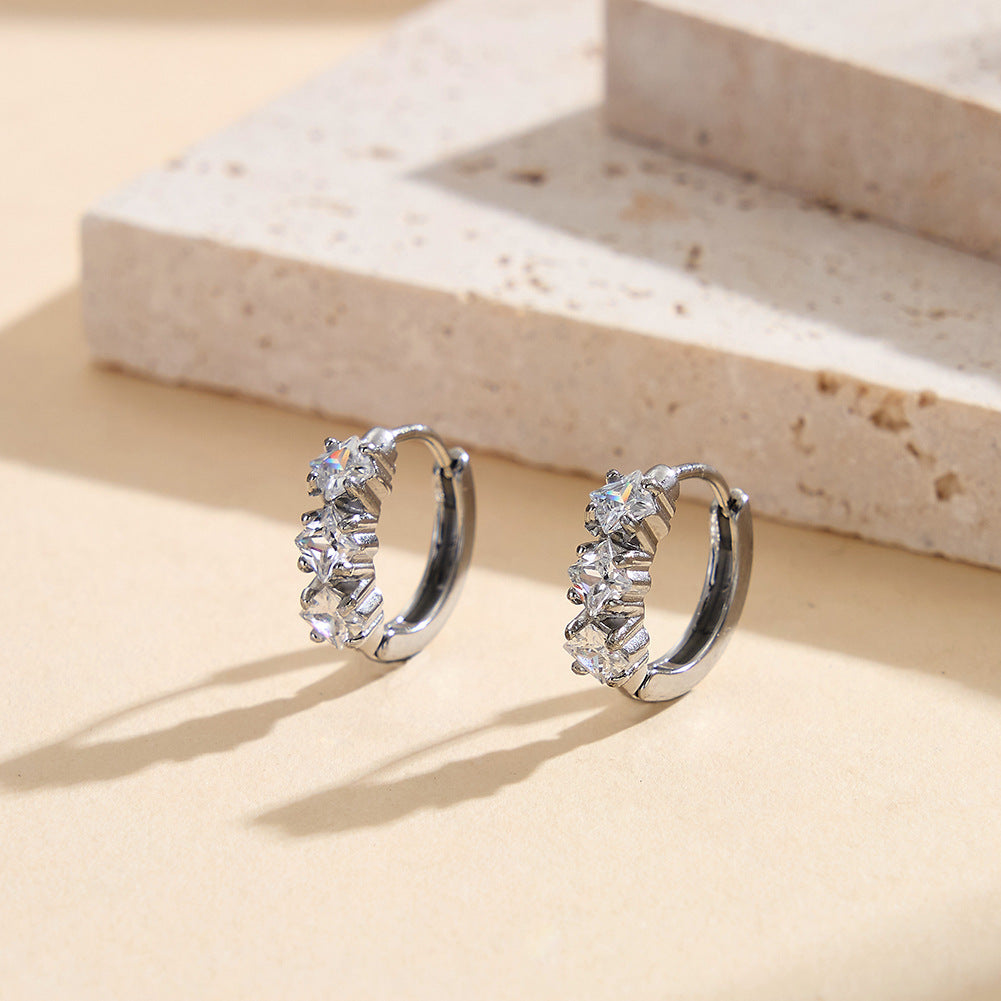 Gold Plated Stainless Steel Triple Square CZ Paved Huggie Hoop Earrings