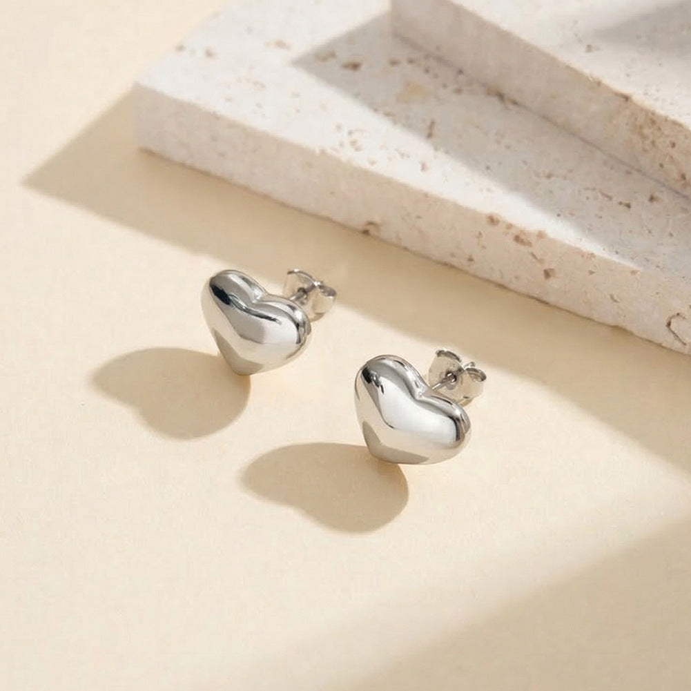 Gold Plated Stainless Steel Smooth Puffy Heart Stud Earrings
