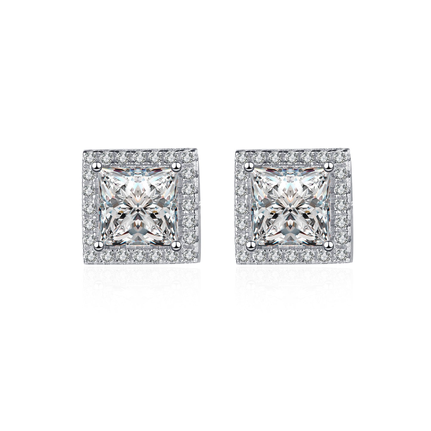 925 Sterling Silver Princess Cut Halo Moissanite Stud Earrings