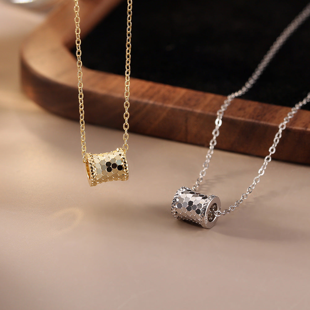 Silver Stainless Steel Honeycomb Textured Barrel Pendant Necklace, Large Hexagon Pattern Cylinder Bead Oval Link Chain