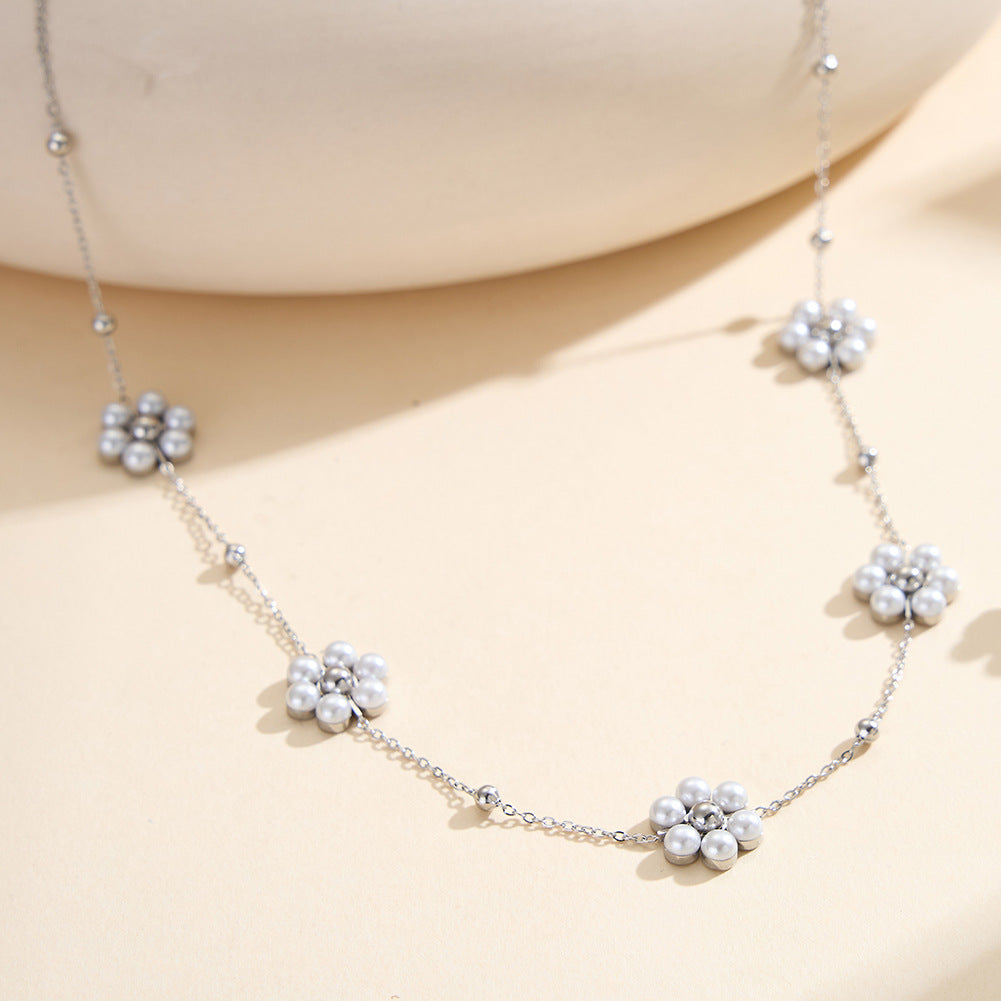 Gold Stainless Steel Pearl Flower Station Necklace, Multi Daisy Pearl Floral Charm with Tiny Gold Ball Beads