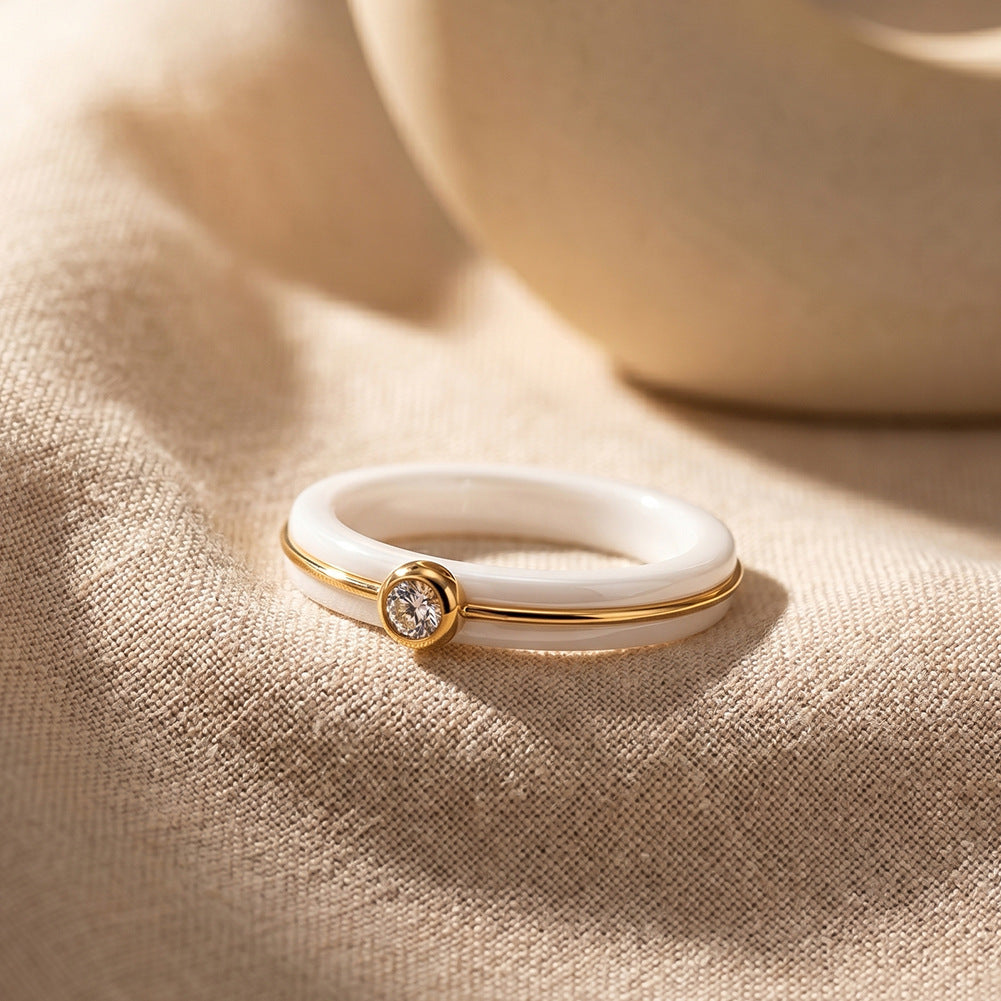 Black Ceramic Ring with Gold Plated Stainless Steel Inlay & Bezel Set Round CZ, Thin Band