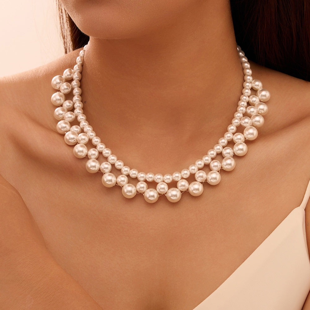 Stainless Steel Multi-Size White Pearl Cluster Choker, Layered Waterfall Pearl Collar Necklace