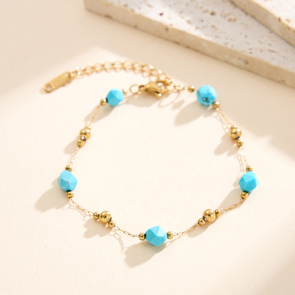 Gold Plated Stainless Steel Bracelet, Turquoise Faceted Beads & Gold Ball Bead Station Chain, Adjustable Extension