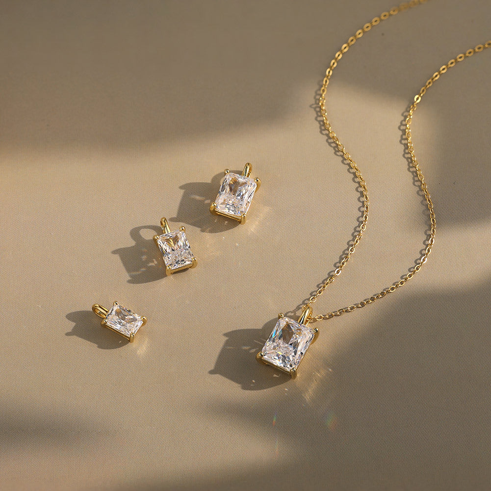 Gold Stainless Steel Square Emerald Cut CZ Pendant Necklace, 4 Prong Asscher Cut Zircon with Small Side Stones