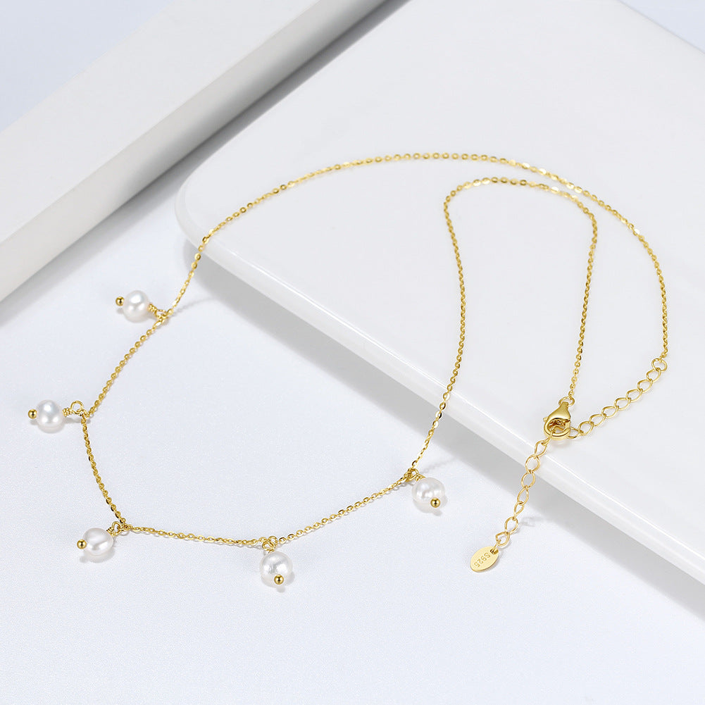 Gold Stainless Steel Dangling Imitation Pearl Necklace, 5pcs White Baroque Pearl Drop Charms On Delicate Cable Chain
